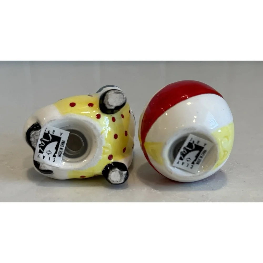 Vtg Clay Art‎ Miniature, Cow and Beach Ball Salt and Pepper Shakers, Mini S&P